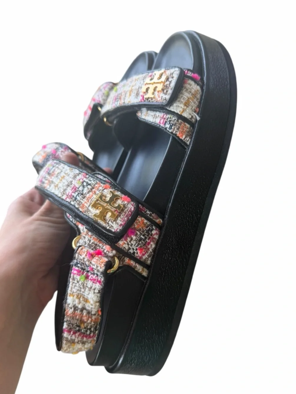Tory Burch Multicolor Tweed and Leather logo Kira Sport Sandals 9.5 Black multi